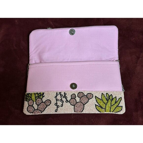 Pink HAND BEADED Club Bag Clutch Desert Cactus Snap Close With Chain Strap Purse - Picture 4 of 9